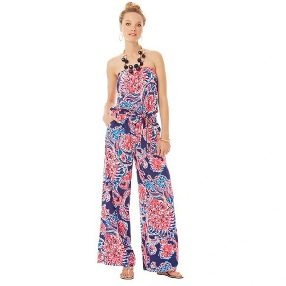 Lilly Pulitzer Jumpsuit XSmall Halibut FARRAH Strapless Wide Leg Pants Strapless - Picture 1 of 9